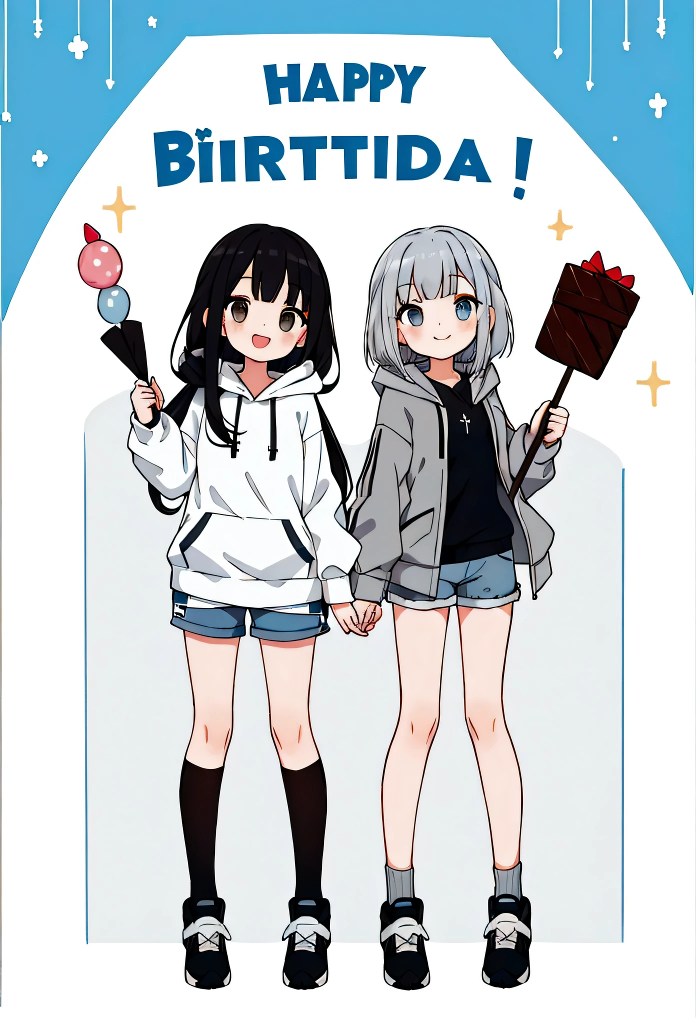 Girl,Silver Bob,blue eyes,birthday,whole body,White hoodie,Grey shorts,smile,older sister,Long black hair brown eyes,uniform,2 people