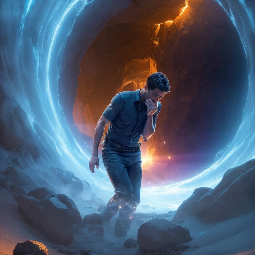 A man wants to vomit when trying to go through a portal in a mountain. Photorealism, full view, very detailed image, very realistic, hyperrealism, Ultra HD, 8k, 5, sharp focus, intricate and mysterious masterpiece.(Long exposure photography Highly detailed close-up portrait art illustration: final quality, medium shot, backlit, rich and striking. Enigmatic and mysterious manipulations (rule of thirds composition), ((detailed environment with strong lines) The best quality, in camera, white light, warm and clean aesthetics, dazzling screen composed of millions of bright ultraviolet rays, HDR.