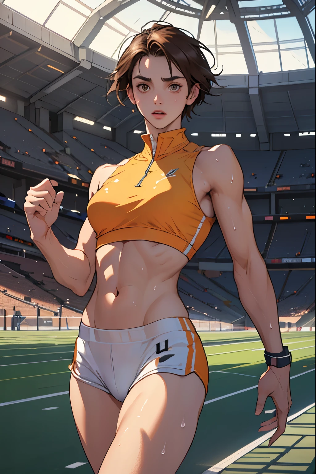 ((masterpiece)), ((Highest quality)),Ultra-high resolution, Caustics, detailed, Beautiful detailed Eyes, alone, (Athletics Stadium, Track and field athlete),Cowboy Shot,20 year old beauty、( another, High leg bloomers ,Show your belly),Slender body, Ideal body proportions,Sweat,Medium chest,Brown eyes, Shortcuts,Brown Hair,Painful expression、running,Flexible body,