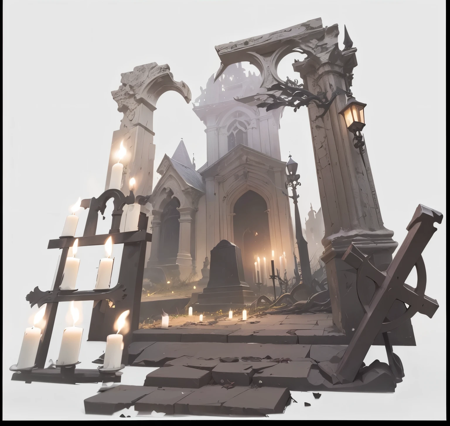 middle Ages,Ghost on grave with candlelight in cemetery at midnight,(vampire),Late Night,middle Ages场景,Candle,Candlestick,cross,bat,Dead Wood,Bones on the ground,Weeds and branches,Broken buildings,Skull Tombstone,Upper Body,Red and black,night,Dark and strange background,Horrible atmosphere,Gothic style,Gothic art,best quality,Highest quality,Masterpiece,8K,