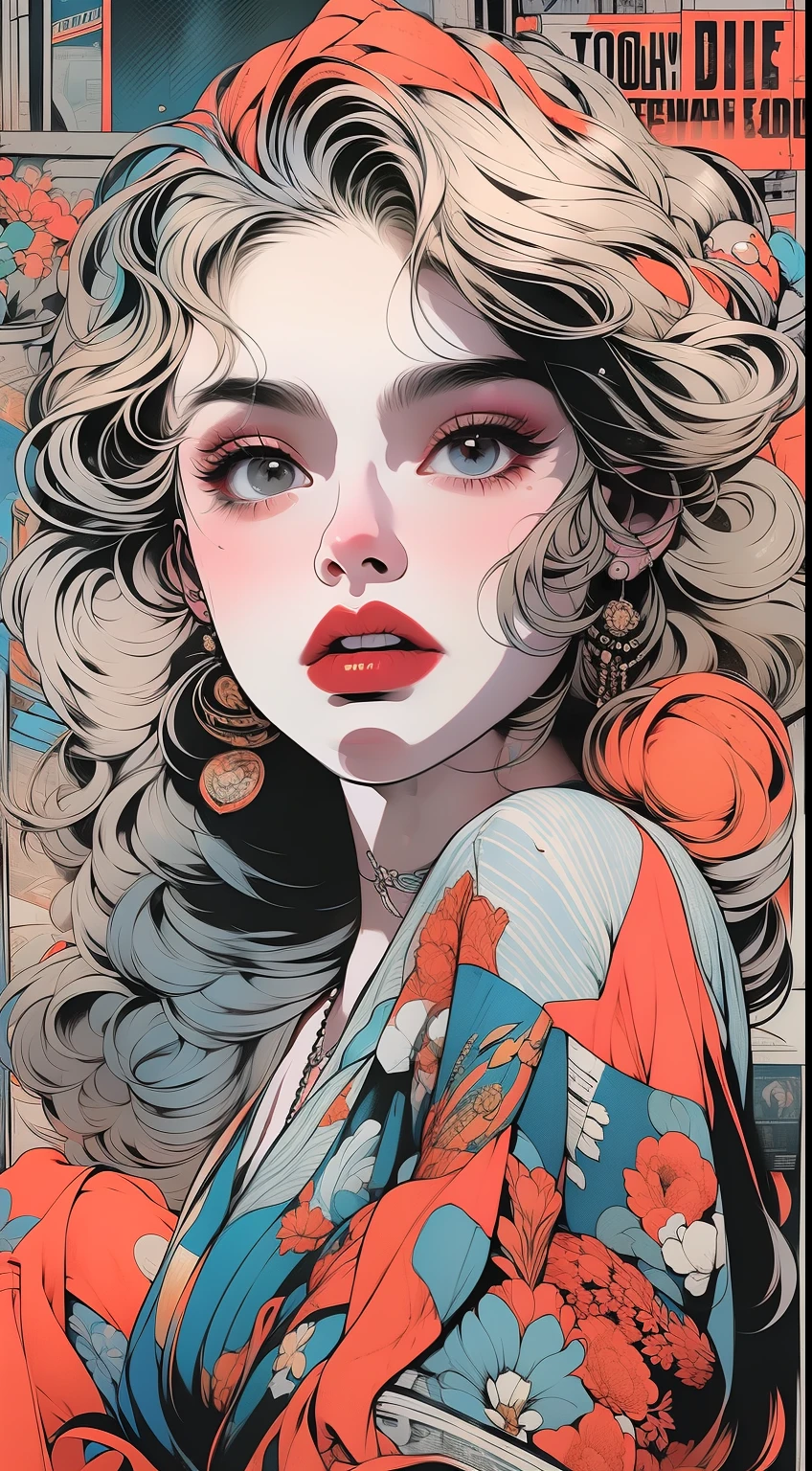 Create a digital art work in pop art style, featureing a vibrant and confident woman with bold makeup and colorfull fashion, cinematic color scheme, surrounded by vintage flowers patterns, energtic brushstrokes,the mood should be dynamic, upper body, drawing, illustration, grayscale