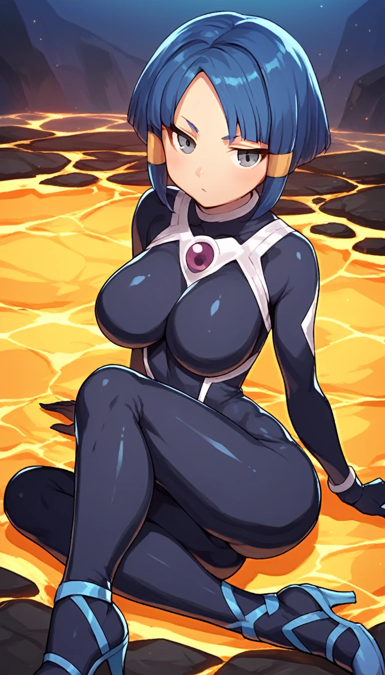 best quality,ultra detailed,solo,score_9, score_8_up, score_7_up, score_6_up, score_5_up, score_4_up, source_anime, 1girl, clara, blue hair, hair tubes, grey eyes, bodysuit,big breasts, sexy pose, (front view,portrait),full body, sitting on lava,heavenly ass, heavenly breasts, big ass, no shoes, wearing heels, upset, cute, face, long legs, tight bodysuit, tight sleeves, black bodysuit, half-closed eyes, 
