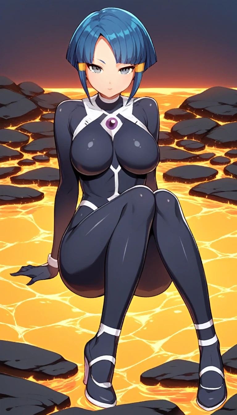best quality,ultra detailed,solo,score_9, score_8_up, score_7_up, score_6_up, score_5_up, score_4_up, source_anime, 1girl, clara, blue hair, hair tubes, grey eyes, bodysuit,big breasts, sexy pose, (front view,portrait),full body, sitting on lava,heavenly ass, heavenly breasts, big ass, no shoes, wearing heels, upset, cute, face, long legs, tight bodysuit, tight sleeves, black bodysuit, half-closed eyes,
