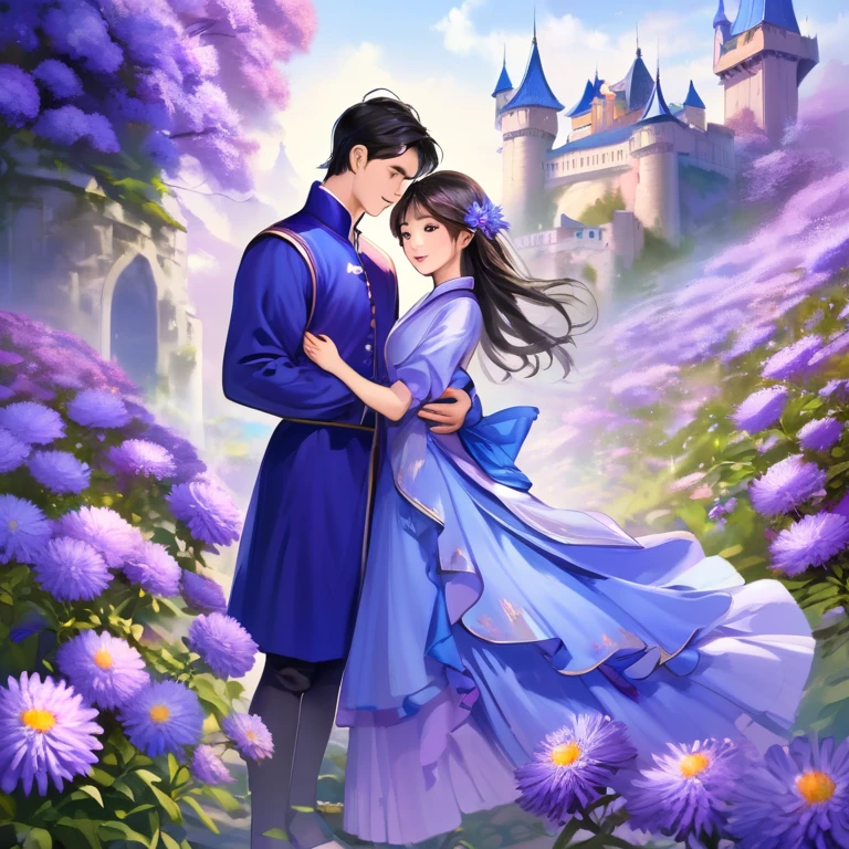 blue castle, asian girl and european man couple, aster purple flower