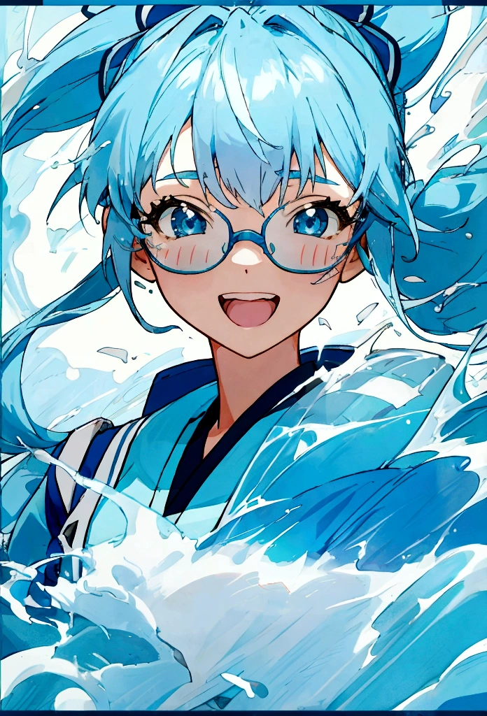 Blue Glasses　Light blue hair　girl　ponytail　Laughter　　Mostly faces　　Face close-up　Highest quality　傑作 Blue Glasses　Blue Glasses