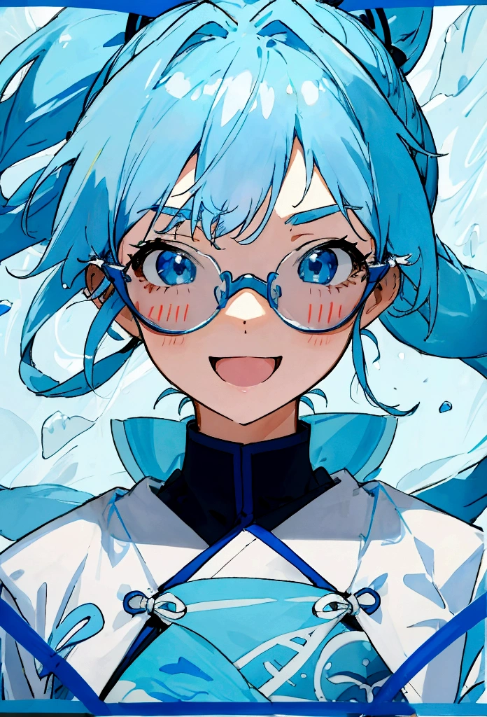 Blue Glasses Light blue hair girl ponytail Laughter Middle school students Mostly faces Face close-up Highest quality 傑作 Blue Glasses Blue Glasses
