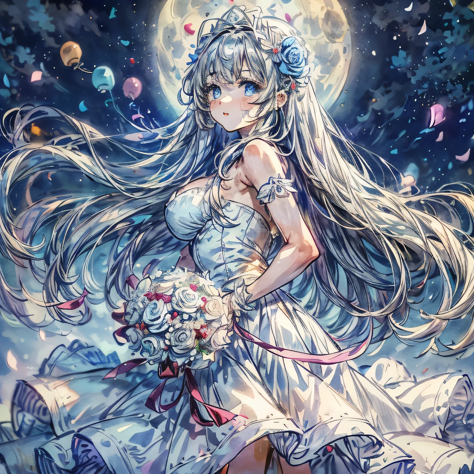 {worst quality, low quality}, facefocus, looking-up, A girl, White dress, (big breasts), (long silver hair), plump glossy lips, (beautiful clear Blue eyes:1.2), a flared skirt with a pure whitelace, holding a bouquet of pure white roses in her hands, cute pose, ((Perfect Hands:1.2)), looking back, (Many balloons 🎈 are floating against the background of a beautiful night sky with a bright blue full moon), Blessed flowers fluttered like a blizzard and her beautiful hair swayed in the wind, masterpiece, best quality, ultra detailed, Super detailed,