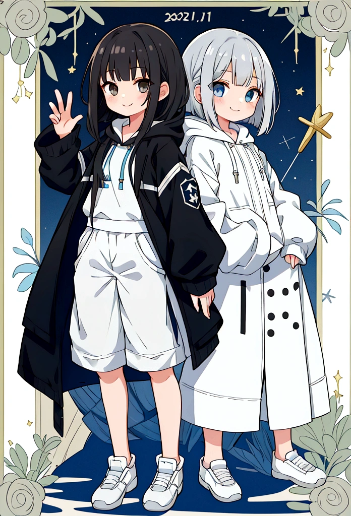 Girl,Silver Bob,blue eyes,birthday,whole body,White hoodie,Grey shorts,smile,older sister,Long black hair brown eyes,uniform,2 people