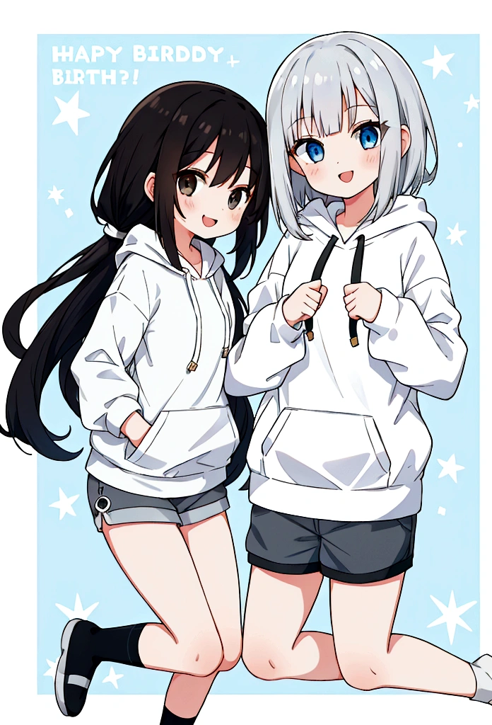 Girl,Silver Bob,blue eyes,birthday,whole body,White hoodie,Grey shorts,smile,older sister,Long black hair brown eyes,uniform,2 people