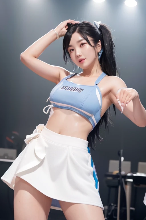 kwoneunbilora, black hair, black eyes, WATERBOMB, white skirt, beautiful body, light blue bikini, dancing and singing on stage, wet, festival atmosphere