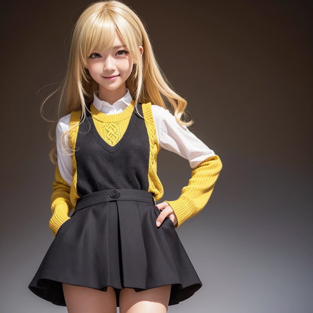 official style, angol mois, keroro gunsou, very aesthetic, best quality, intricate, overall detail, 1 girl, kogal, blonde hair, orange eyes, dark skin, , wristbands, yellow sweater vest, plated skirt, standing, light smile, simple background, facing the front, straight-on, close to viewer, cowboy shot, face focus, intricate, hyper-detailed, 100-layer, amazing quality, excellent, {{{{ultra-high resolution}}}}, {{{hi-vision anime}}},