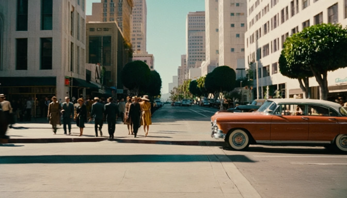 Cinematic traversal camera movement, people walking in a pedestrian street in Los Angeles city, in the heart of the city there are no cars. Different buildings cover the side of the street, the natural light of the sun illuminates at daytime. Bustling city of Los Angeles with many skyscrapers, Natural lights, neutral colors, lomochrome, vintage color tones, dramatic, dynamic composition.Lifelike textures, sharp focus, depth of field, cinematic lighting, Contrast lighting, volumetric lighting, best shadows,sharp focus, depth pf field, photorealism, Realism, Cinematic, Photoreal, 35mm film Screengrab a 1950s Super Panavision 70 film, in color. best quality , hdr, uhd, 8k, 35 mm film, analog camera shot.