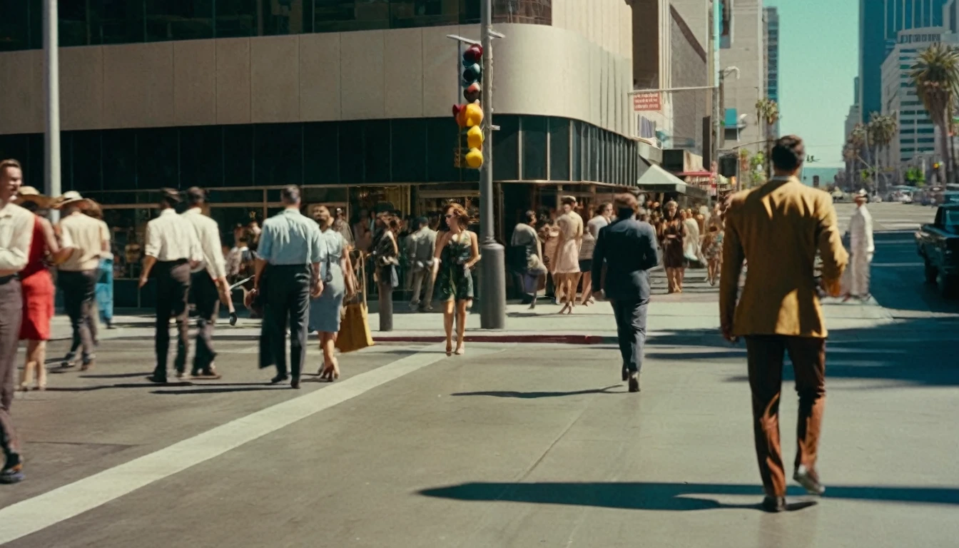 Cinematic traversal camera movement, people walking in a pedestrian street in Los Angeles city, in the heart of the city there are no cars. Different buildings cover the side of the street, the natural light of the sun illuminates at daytime. Bustling city of Los Angeles with many skyscrapers, Natural lights, neutral colors, lomochrome, vintage color tones, dramatic, dynamic composition.Lifelike textures, sharp focus, depth of field, cinematic lighting, Contrast lighting, volumetric lighting, best shadows,sharp focus, depth pf field, photorealism, Realism, Cinematic, Photoreal, 35mm film Screengrab a 1950s Super Panavision 70 film, in color. best quality , hdr, uhd, 8k, 35 mm film, analog camera shot.