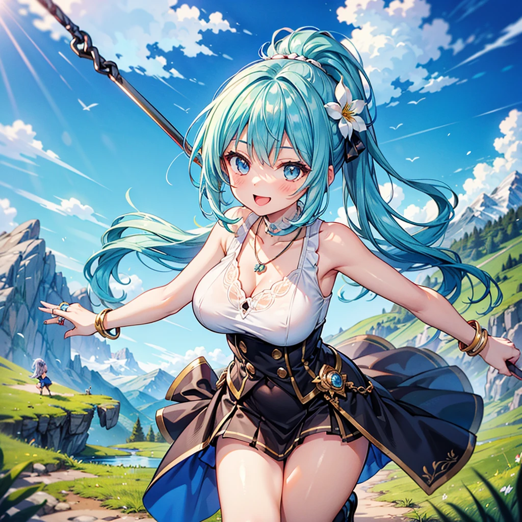 Anime Moe Art Style,Highest quality,High resolution,Anatomically correct,One Girl,Mid-teens,A girl with light blue hair in a ponytail,Super detailed,Fantasy World,Sleeveless blouse,mini skirt,Big Breasts,Shiny skin,Beautiful Skin,A rich expression,Laughing with your mouth open,Mountain trail,Daytime,Swing your arms wide and jump,Eyes drawn in detail,hair ornaments,necklace,bracelet,ring,8K