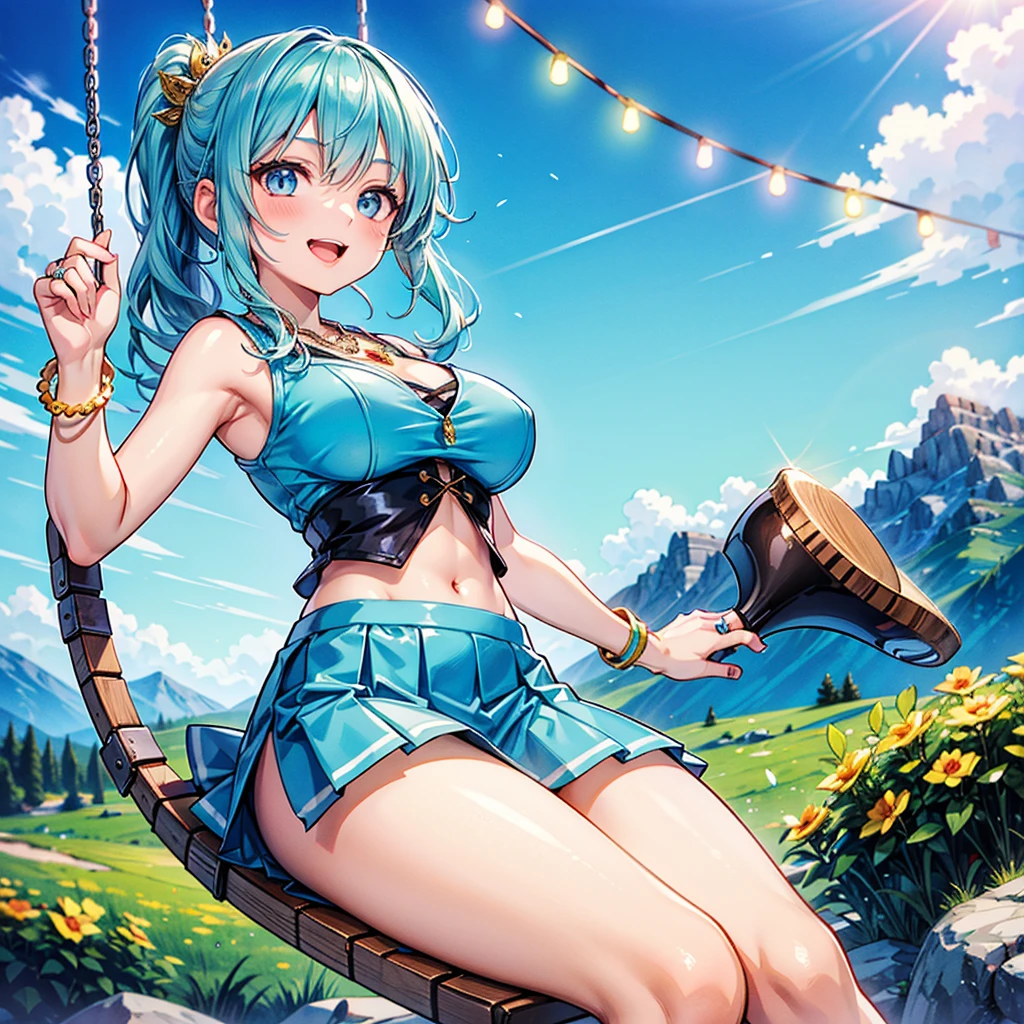 Anime Moe Art Style,Highest quality,High resolution,Anatomically correct,One Girl,Mid-s,A girl with light blue hair in a ponytail,Super detailed,Fantasy World,Sleeveless blouse,mini skirt,Big Breasts,Shiny skin,Beautiful Skin,A rich expression,Laughing with your mouth open,Mountain trail,Daytime,Swing your arms wide and jump,Eyes drawn in detail,hair ornaments,necklace,bracelet,ring,8K