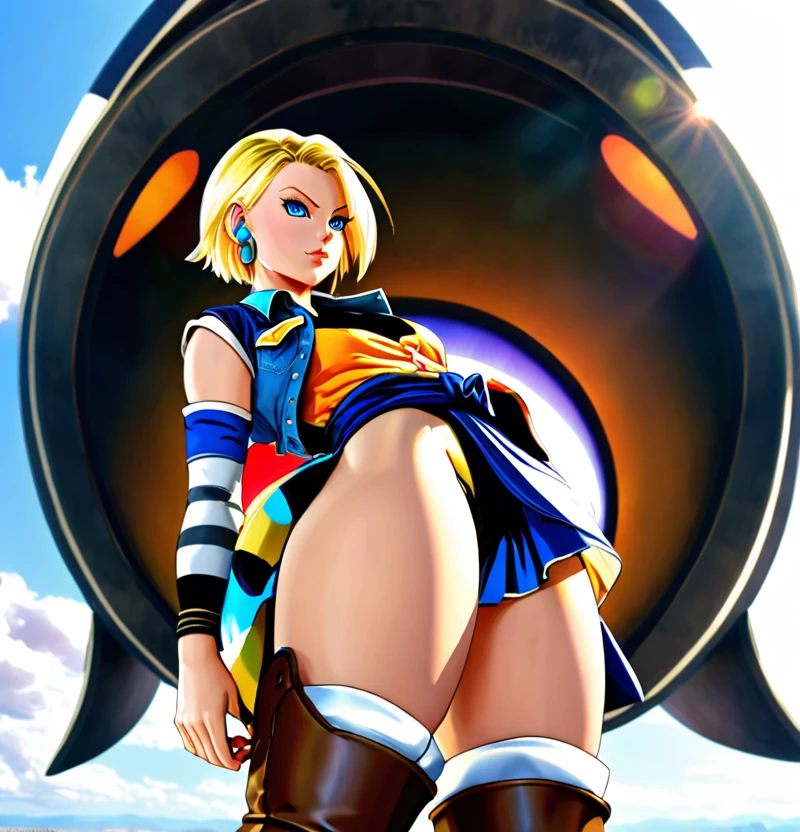 (cowgirl outfit, android 18, dragon ball z character, finely detailed beautiful eyes and detailed face, face through thigh, knee shot, blonde hair, solo, lady, beautiful background, dynamic angle, blue eyes, light face, sunlight, bright face, very wide hips, very thick thighs, full body shot, solo, blonde hair, blue eyes, short hair, earrings, jewelry, denim vest, open vest, black shirt, denim skirt, long striped sleeves, blue skirt, brown cowboy boots)