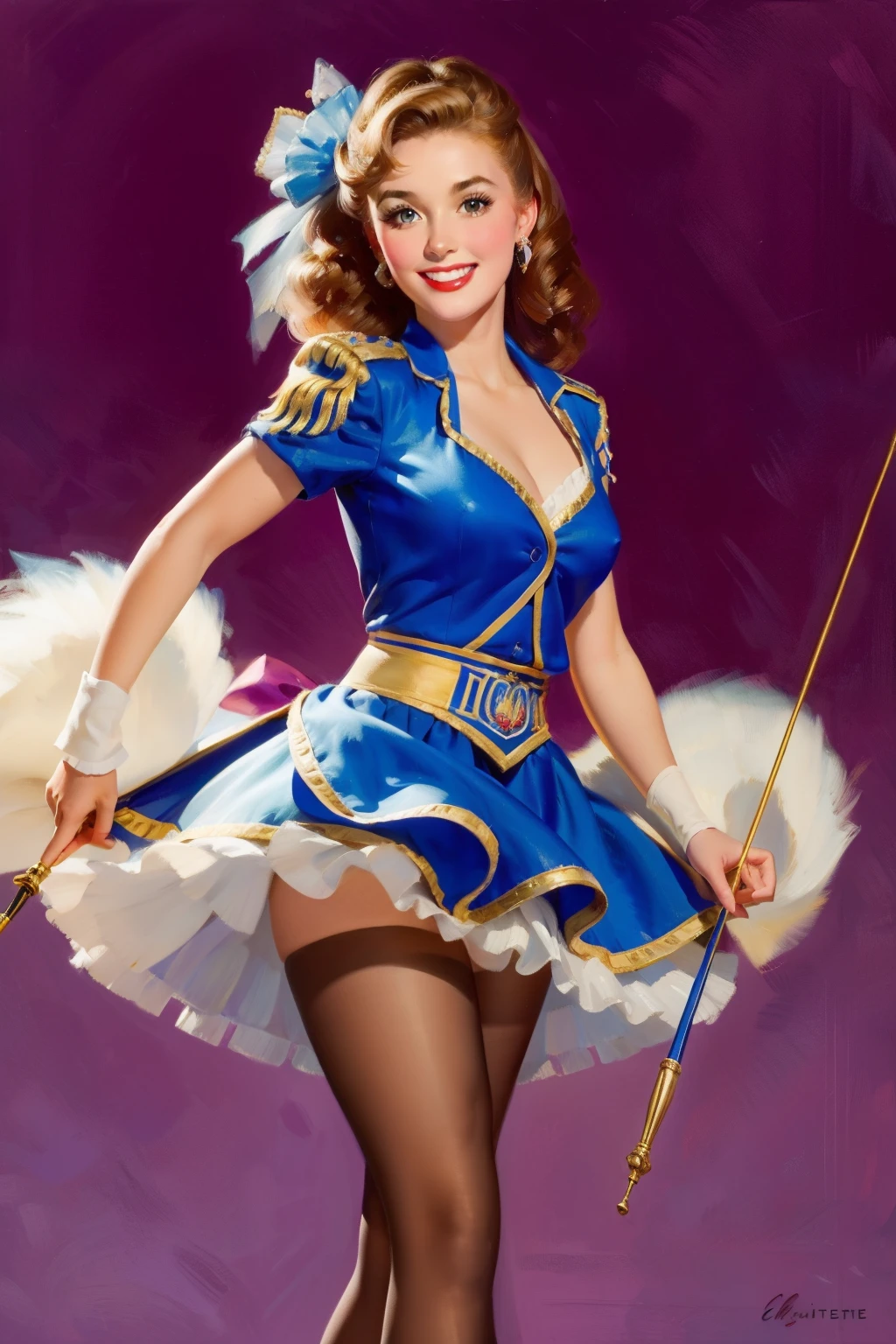 Fille de 20 ans, Tenue de majorette, poitrine moyenne, peau brillante,