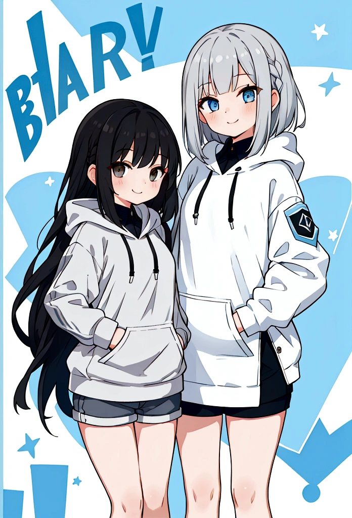Girl,Silver Bob,blue eyes,birthday,whole body,White hoodie,Grey shorts,smile,older sister,Long black hair brown eyes,uniform,2 people