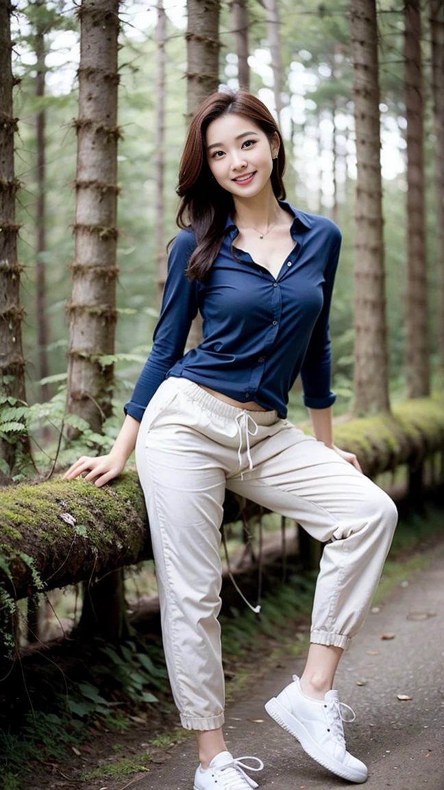 masterpiece, best quality, Surreal, Ultra Detailed, 8k resolution, RAW photos, Clear focus, (A girl in the forest), ((navy blue shirt:1.1)), Short sleeve, Long sweatpants,Full body posture, Solitary, Perfect body, Become a, 32 inches in the chest,(a charming smile:1), (sexy pose),26 years old, light,White shoes