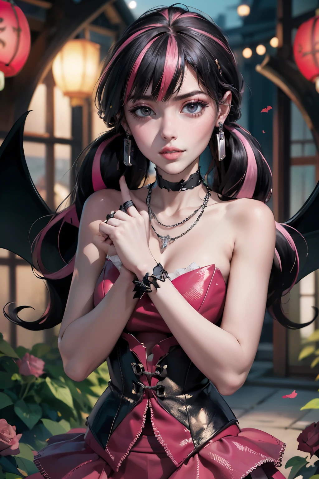 1 girl, a girl with bat wings on her back, perfectly hands, perfectly body, bat choker, necklace, centered, bat jewelry, award winning upper body portrait, cowboy shot, (looking at viewer:1.2), |
Draculaura_MH, solo, black half hair, pink half hair, multicolored hair, long hair, ornamental Chinese hair, ornament hair, geisha style, tradicional chinese style, black skirt, pink knee boots, smiling, garden scenery, chinese lanterns, dark red roses on focus, garden, depth of field, cinematic composition, ((high quality)), ((Work of art)), (more detail), half black hair, half soft pink hair, wave hair, pink heart in the eyes, smile, vampire fangs, bat wings, pink skirt, black dress with transparency, pink laces, black gloves, black high socks, high hills boots, bat jewelry, jewelry, seat on the grass, dark red roses on focus, Draculaura_(monster high), Monster High, looking at the viewer, more details on the clothes, perfectly body, perfectly hands, perfectly anatomy, Two arms, two legs, two hands, five fingers