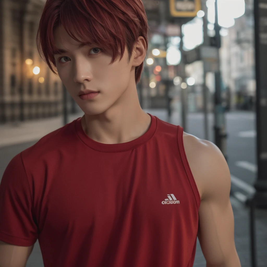 masterpiece,best quality:1.2,high detail,1 male,handsome,muscular male,bare upper body,sport swear,street,looking at viewer,manly,short hair,dyed red hair,Ambient Occlusion,soft lighting,8k uhd,dslr,film grain,Fujifilm XT3 photorealistic art by midjourney,