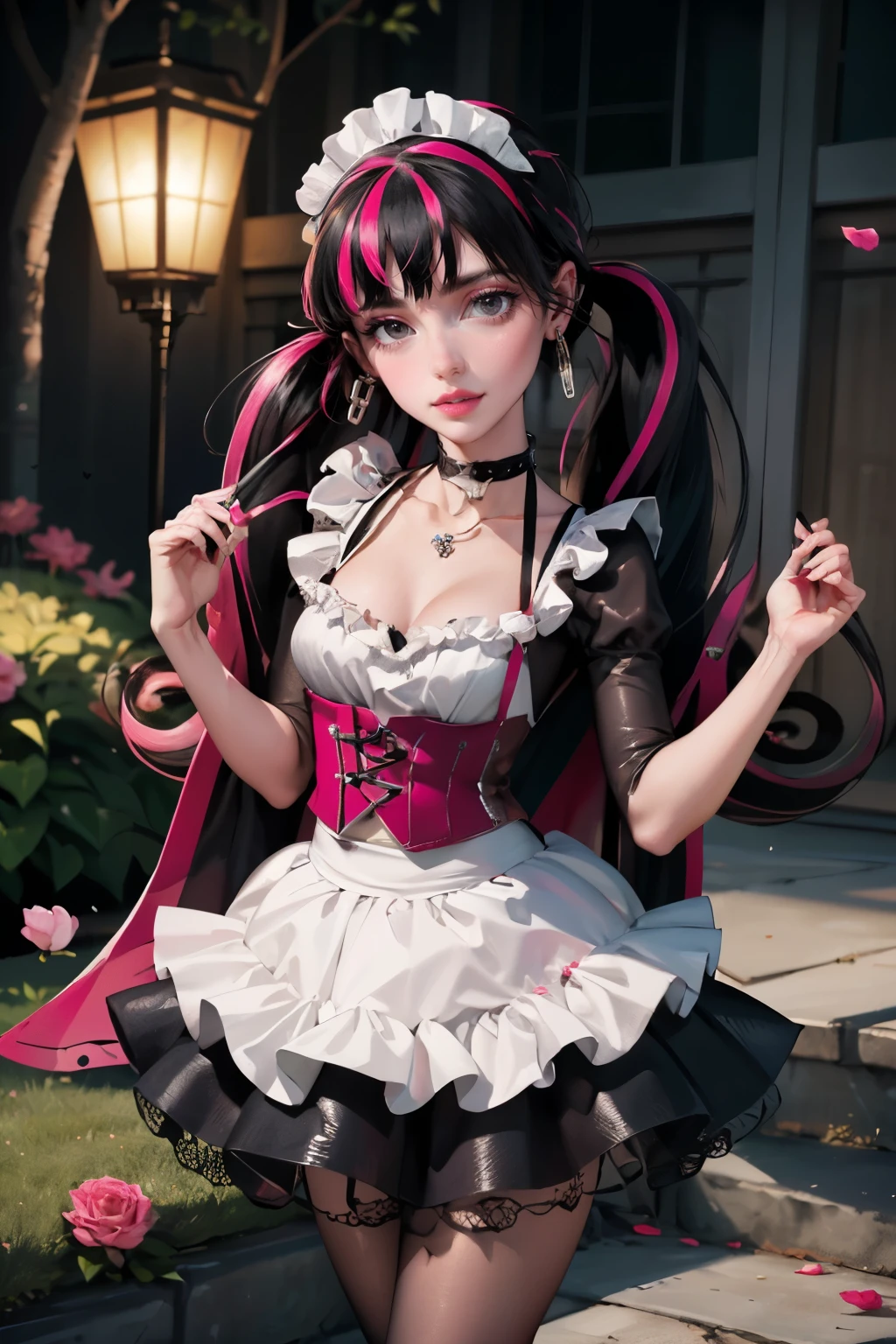 1 girl, a girl with bat wings, bat choker, necklace, centered, bat jewelry, award winning upper body portrait, cowboy shot, (looking at viewer:1.2), |
Draculaura_MH, solo, black half hair, pink half hair, multicolored hair, long hair, geisha style, tradicional japanese style, maid dress, white apron, maid apron, maid headdress, white skirt, pink knee boots, smiling, garden scenery, japanese lanterns, dark red roses on focus, garden, depth of field, cinematic composition, ((high quality)), ((Work of art)), (more detail), half black hair, half soft pink hair, wave hair, pink heart in the eyes, smile, vampire fangs, maid dress, black maid headdress, black maid apron, bat wings, pink skirt, black dress with transparency, pink laces, black gloves, black high socks, high hills boots, bat jewelry, jewelry, seat on the grass, dark red roses on focus, Draculaura_(monster high), Monster High, looking at the viewer, more details on the clothes, 1girl, dress, solo, flowing hair, floating hair, ornament hair, perfectly body, perfectly hands, on garden, petals, centered girl, black dress, more details on her clothes, dress with transparency, golden details, daylight, smiling, cape, ((4k, masterpiece, top-quality)),8k, best quality, high resolution, HD, (illustration:0.8), super cute girl, delicate and beautiful face, mature girl, super cute hairstyle, (beautiful detailed eyes:1.6), extremely detailed face, perfect lighting, extremely detailed CG, (perfect hands, perfect anatomy), Best quality, cleavage, small skirt, full Body, two arms, two legs, two hands, five fingers