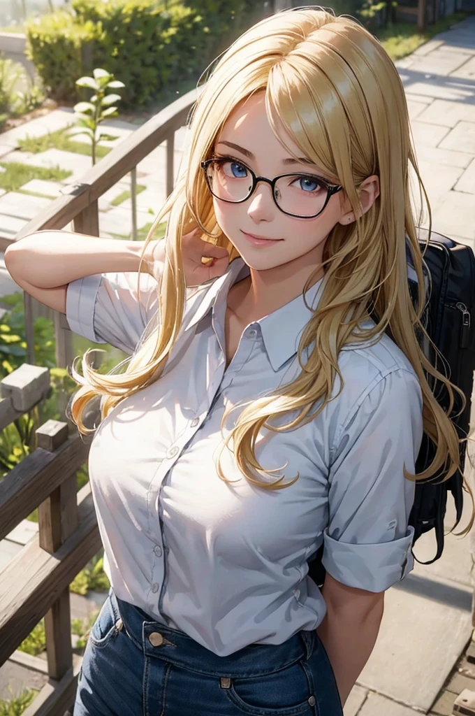 最high quality, high quality, High resolution, high quality texture, high quality shadows, High resolution, Beautiful details, Detailed CG, Detailed Texture, Realistic representation of face, Realistic, colorful, delicate, Cinematic Light, Side light, Lens flare, Ray Tracing, sharp concentrated, (1 Girl,concentrated:1.3), ( Intricate details, compensate, PureErosFaceV1:0.5), (細部まで美しいdelicateな顔, 緻密で美しいdelicateな瞳, Perfect Facial Proportions, Dense skin, Optimal ratio of four fingers to one thumb, Modest chest, Beautiful Hips, Smooth upper abdomen, blue eyes , glasses ,White shirt, mountaineering pants ,trekking shoes, work cap, butter, Hanoi Old Quarter, buzzer, blue sky,trekking backpack ,adventure journey ,the gaze of true love, lips of temptation, A look full of compassion ,a smile full of love, i love you, Acting lovey-dovey, waist up, 35 years old, hiking,house wife,air fortress hair, blonde hair