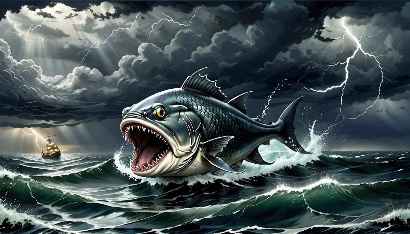 Setting: The vast, stormy ocean under a darkened sky, with towering waves and turbulent waters.
Subject: A giant, ominous fish emerging from the depths with its mouth open, ready to swallow Jonah. Jonah, depicted as a small figure, is seen clinging to a piece of debris, looking up in terror. The fish should have subtle, Dagon-like features, hinting at the half-fish, half-human deity.
Atmosphere: Dramatic and intense, with dark clouds and lightning creating a sense of chaos and impending doom, emphasizing the severity of Jonah’s situation.