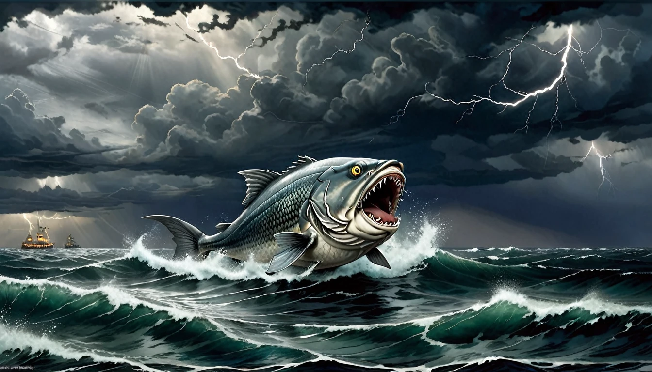Setting: The vast, stormy ocean under a darkened sky, with towering waves and turbulent waters.
Subject: A giant, ominous fish emerging from the depths with its mouth open, ready to swallow Jonah. Jonah, depicted as a small figure, is seen clinging to a piece of debris, looking up in terror. The fish should have subtle, Dagon-like features, hinting at the half-fish, half-human deity.
Atmosphere: Dramatic and intense, with dark clouds and lightning creating a sense of chaos and impending doom, emphasizing the severity of Jonah’s situation.