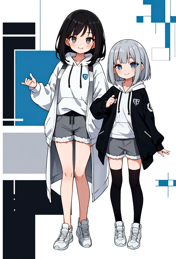 Girl,Silver Bob,blue eyes,birthday,whole body,White hoodie,Grey shorts,smile,older sister,Long black hair brown eyes,uniform,2 people