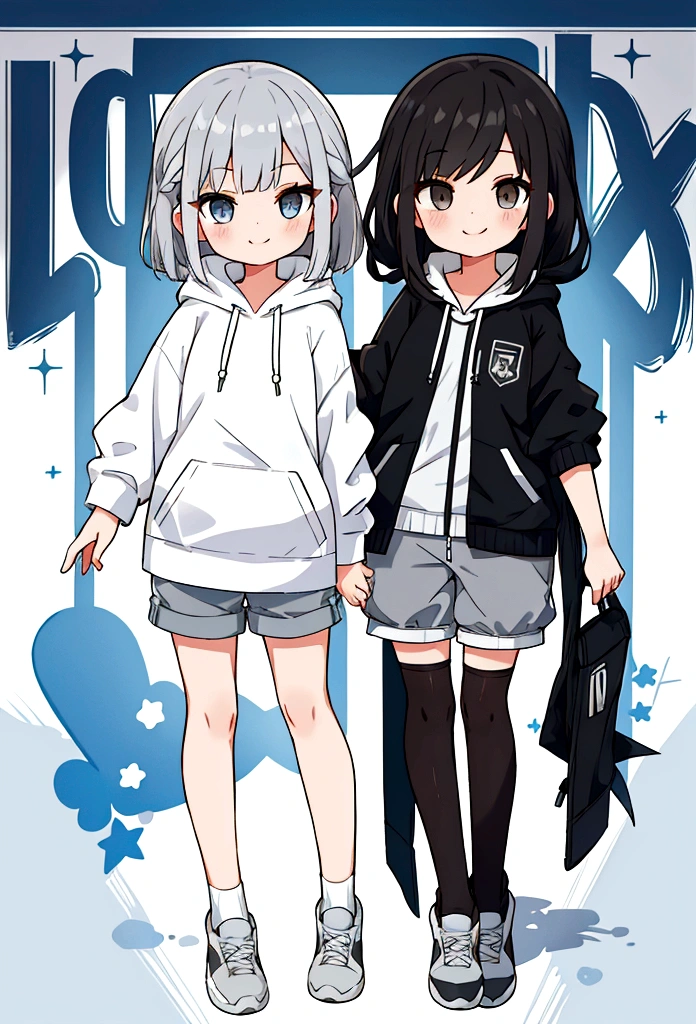Girl,Silver Bob,blue eyes,birthday,whole body,White hoodie,Grey shorts,smile,older sister,Long black hair brown eyes,uniform,2 people