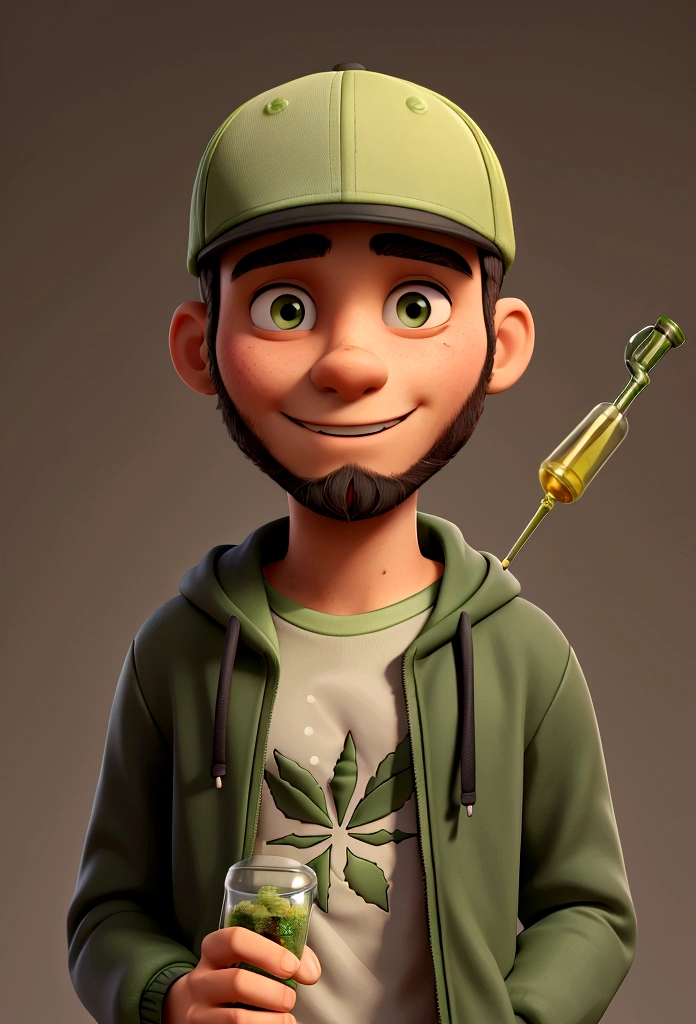 YOUNG MAN, GREEN ADIDAS JACKET, SHORT BLACK BEARD, BLACK SNAPBACK CAP, WITH AN OIL DRIPPER IN HAND, BACKGROUND WITH CANNABIS SATIVA PLANTS