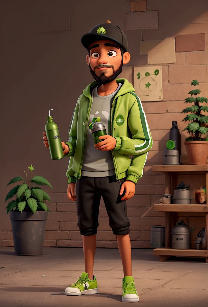 YOUNG MAN, GREEN ADIDAS JACKET, SHORT BLACK BEARD, BLACK SNAPBACK CAP, WITH AN OIL DRIPPER IN HAND, BACKGROUND WITH CANNABIS SATIVA PLANTS