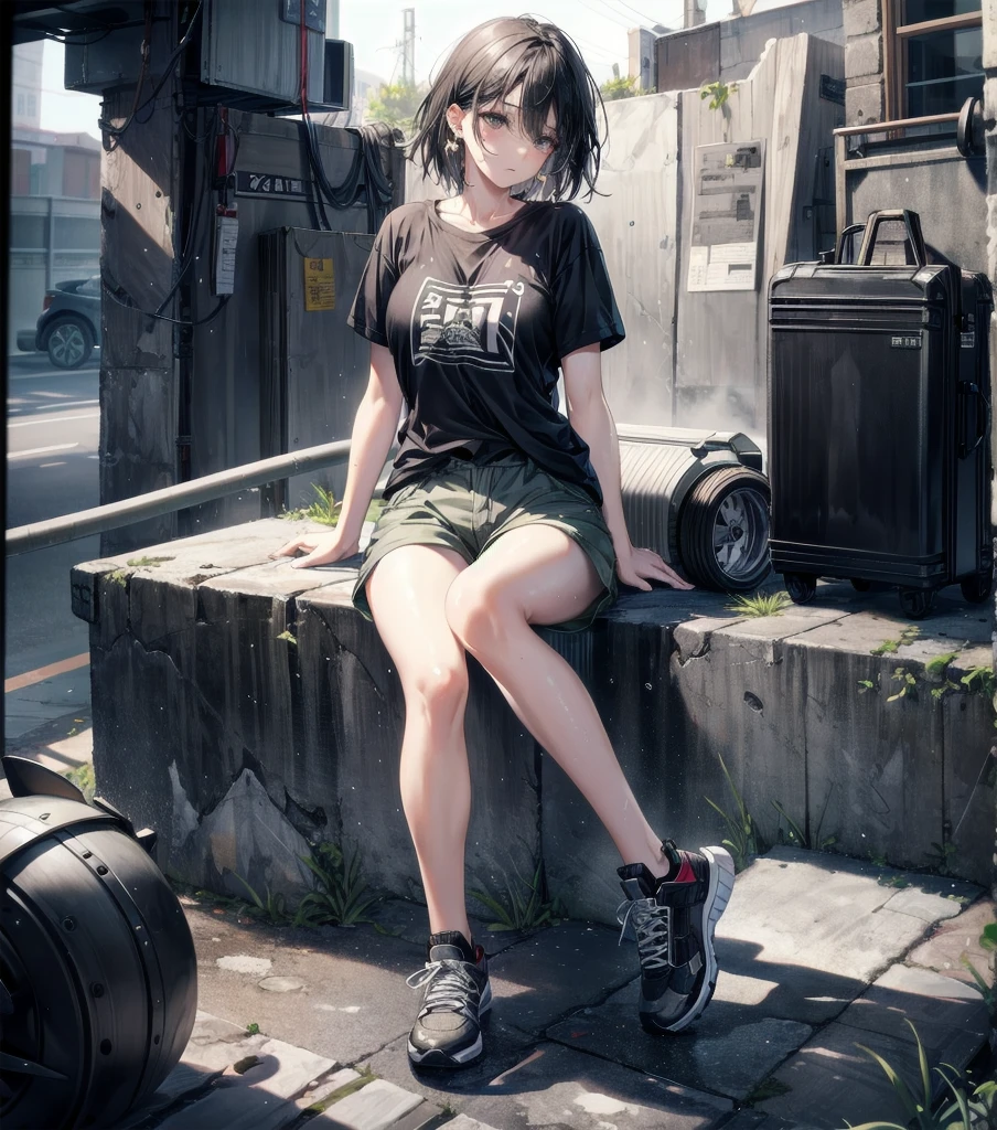 full body, photorealistic, delicate facial features, medium tits, medium hair, black hair, tearful mole, earring, t-shirt, cargo pants, shorts, wet,
