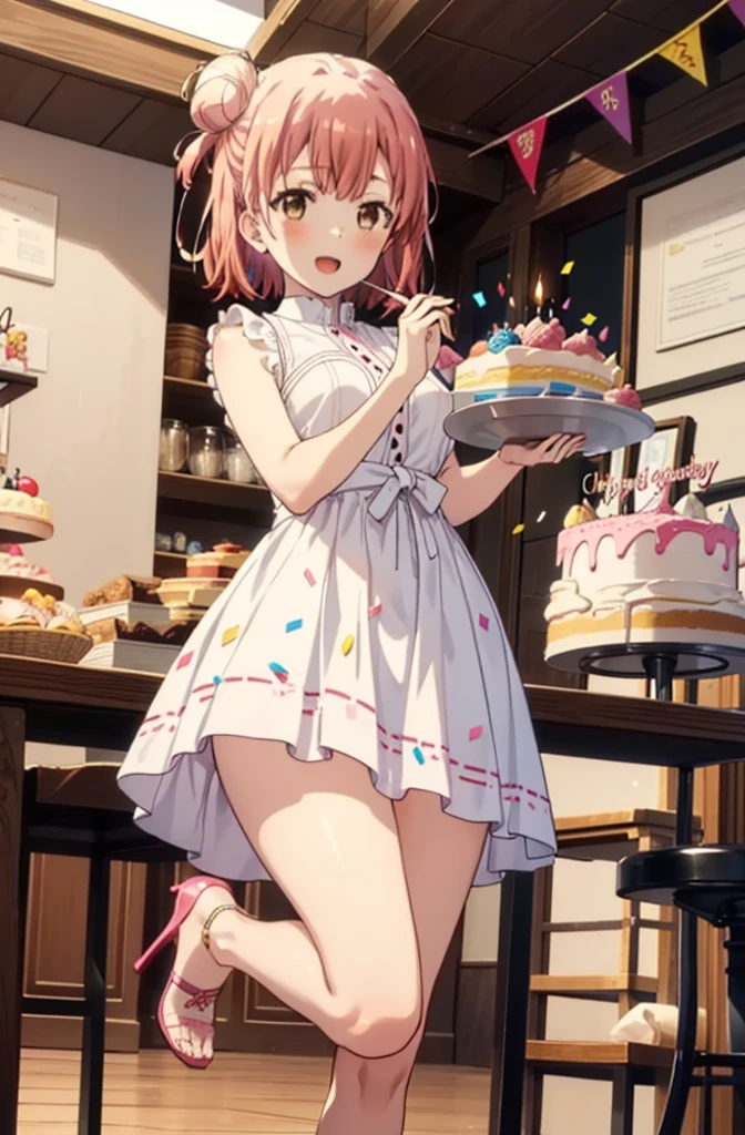 yuiyuigahama, yui yuigahama, One Girl,short hair, (Brown eyes:1.5), (Pink Hair:1.2), Hair Bun, single Hair Bun, smile,blush,Open your mouth wide,Pink sleeveless dress,Long skirt,Stiletto heels,A birthday cake with lit candles,
,There is a round birthday cake on the desk.,Confetti,cracker,whole bodyがイラストに入るように,
break indoors, Party Venue,
break looking at viewer, whole body,
break (masterpiece:1.2), Highest quality, High resolution, unity 8k wallpaper, (figure:0.8), (Beautiful attention to detail:1.6), Highly detailed face, Perfect lighting, Highly detailed CG, (Perfect hands, Perfect Anatomy),