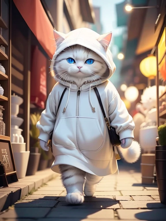 Fluffy white cat, Adventurer,Very detailed cat and fur, Wearing a white hoodie, Wandering around the Chinese market, One animal,Highly detailed images, Kodak 400, Atmospheric light, 50mm lens, (Cat Eyes and Feature Details) Realistic Cat, blue eyes,8K,cute,Chubby,No pattern on body、Whole white
