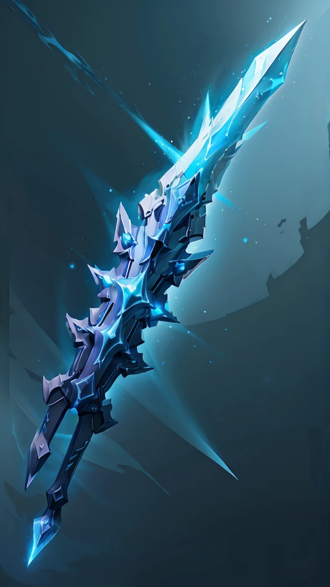 Blue twin swords with an ice aura and ice background,HD lighting and dark )<=(epic image quality)dark atmosphere with bright particle light(many effects in background)