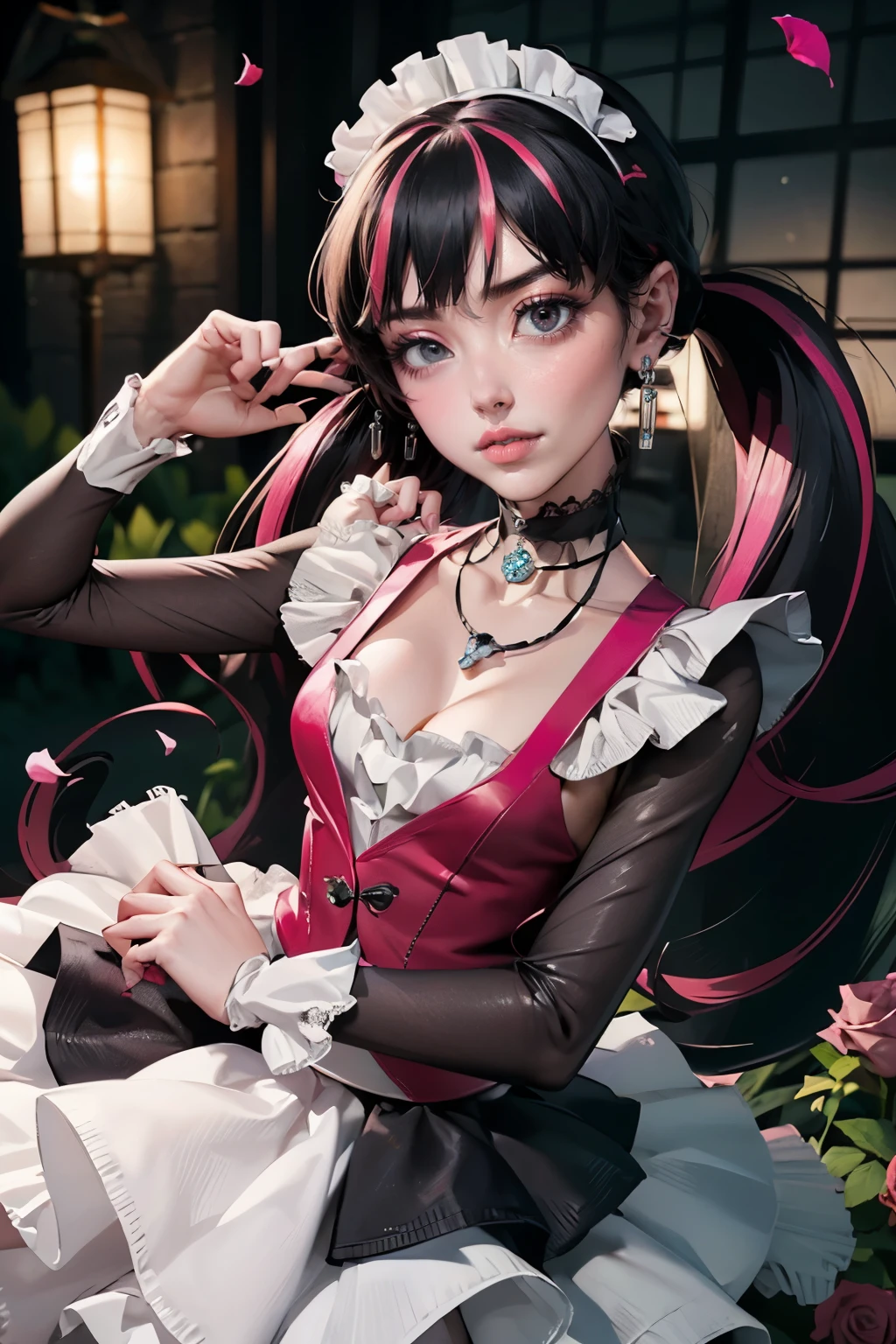 1 girl, a girl with bat wings, bat choker, necklace, centered, bat jewelry, award winning upper body portrait, cowboy shot, (looking at viewer:1.2), |
Draculaura_MH, solo, black half hair, pink half hair, multicolored hair, long hair, geisha style, tradicional japanese style, maid dress, white apron, maid apron, maid headdress, white skirt, pink knee boots, smiling, garden scenery, japanese lanterns, dark red roses on focus, garden, depth of field, cinematic composition, ((high quality)), ((Work of art)), (more detail), half black hair, half soft pink hair, wave hair, pink heart in the eyes, smile, vampire fangs, maid dress, black maid headdress, black maid apron, bat wings, pink skirt, black dress with transparency, pink laces, black gloves, black high socks, high hills boots, bat jewelry, jewelry, seat on the grass, dark red roses on focus, Draculaura_(monster high), Monster High, looking at the viewer, more details on the clothes, 1girl, dress, solo, flowing hair, floating hair, ornament hair, perfectly body, perfectly hands, on garden, petals, centered girl, black dress, more details on her clothes, dress with transparency, golden details, daylight, smiling, cape, ((4k, masterpiece, top-quality)),8k, best quality, high resolution, HD, (illustration:0.8), super cute girl, delicate and beautiful face, mature girl, super cute hairstyle, (beautiful detailed eyes:1.6), extremely detailed face, perfect lighting, extremely detailed CG, (perfect hands, perfect anatomy), Best quality, cleavage, small skirt, full Body, two arms, two legs, two hands, five fingers