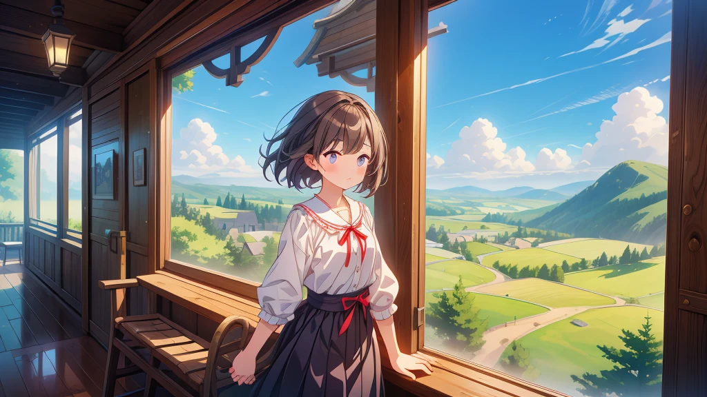 1girl、Highest quality、Masterpiece、Official Art、The best dynamic composition、A tranquil view of the countryside、Departure、Holding hands with a little boy、