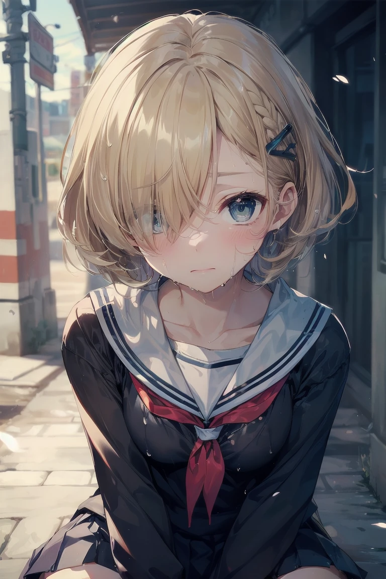 Heavy rain，stormy atmosphere，outdoors，highest quality, anime moe art style,Best Anime 8K Kona-chan Wallpaper，Pixiv contest winners，perfect anatomy, (Please draw a girl walking sleepily to school)，break, 1 girl, (13 years old:1.4)，high school student, (short hair), amount, (hair above one eye:1.9)，All limbs, full finger，medium breasts, between legs, small eyes，Precise blue eyes，hair clip, (sailor suit:1.5)，(school uniform:1.5) ，(wet clothes)，skirt，On the way to school，break，Super detailed,High resolution，super dense skin，professional lighting，8K eye details，(cute illustration:1.2)，blonde hair，(wet hair:1.4)，(bra visible through clothes)，No expression，(hair above one eye:1.2)，(Bawl)，(Embarrassed)，(steepled fingers)，(squatting)，(looking away), (half open mouth)，(white pants)