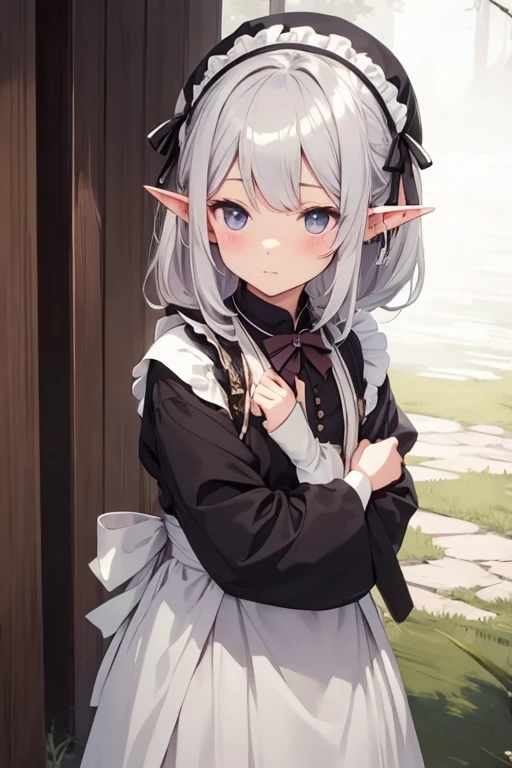 Maid clothes、Shyness、Elf、Gray Hair、Two knots、12 years old