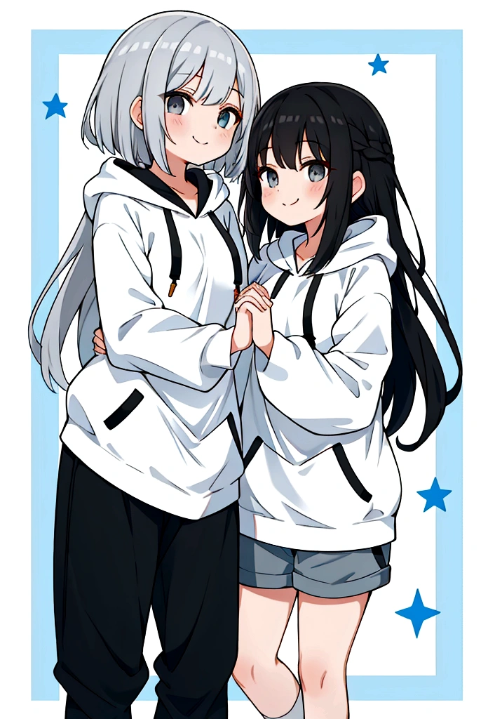Girl,Silver Bob,blue eyes,birthday,whole body,White hoodie,Grey shorts,smile,older sister,Long black hair brown eyes,uniform,2 people