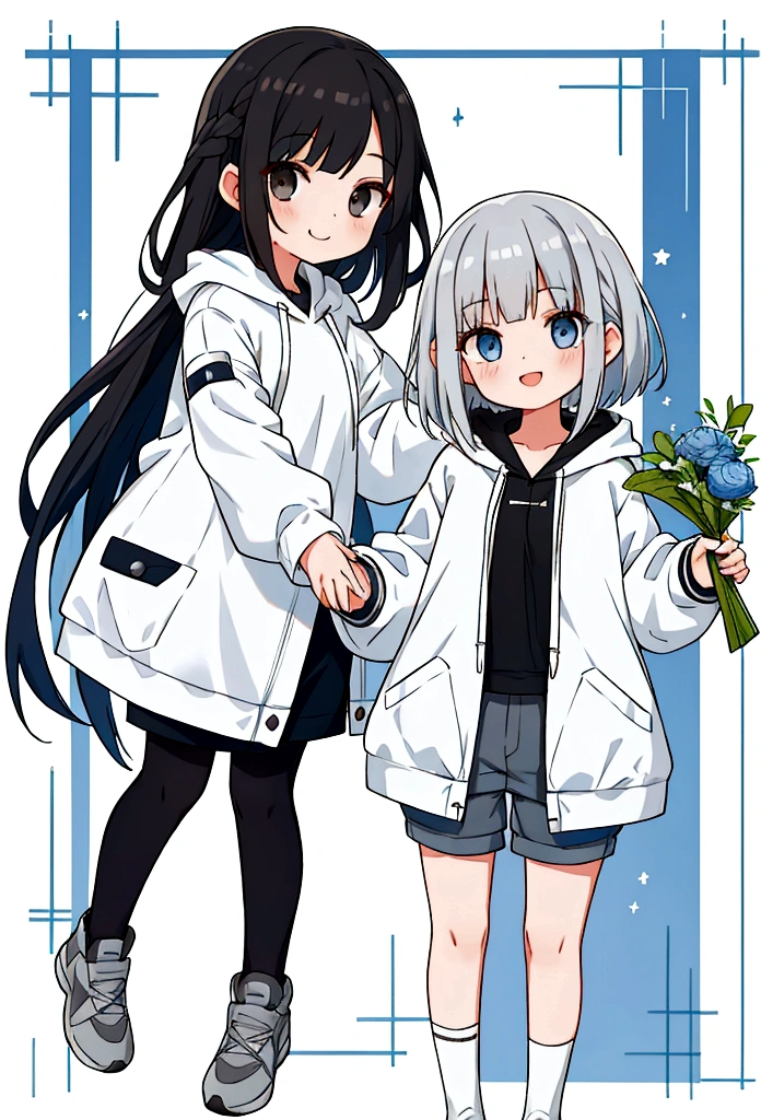 Girl,Silver Bob,blue eyes,birthday,whole body,White hoodie,Grey shorts,smile,older sister,Long black hair brown eyes,uniform,2 people