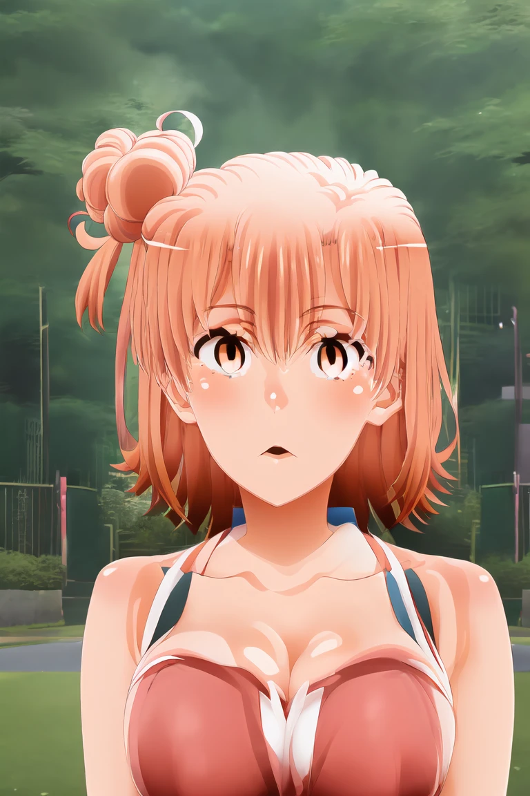 yuiyuigahama, yui yuigahama, short hair, (Brown eyes:1.5), (Orange Hair:1.2), Hair Bun, single Hair Bun, Confused face,Slingshot with light in eyes,1 Girl, alone, Huge breasts, Open your mouth, Looking at the audience, Skin dents,White background,