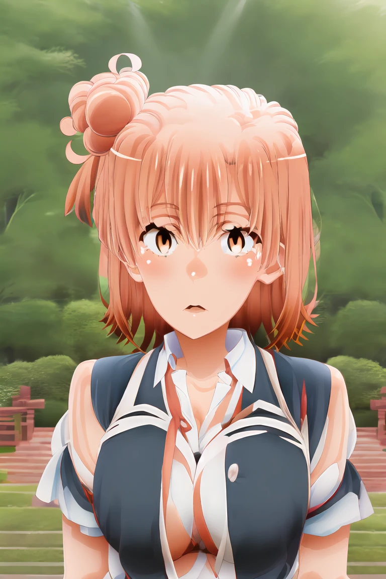 yuiyuigahama, yui yuigahama, short hair, (Brown eyes:1.5), (Orange Hair:1.2), Hair Bun, single Hair Bun, Confused face,Slingshot with light in eyes,1 Girl, alone, Huge breasts, Open your mouth, Looking at the audience, Skin dents,White background,