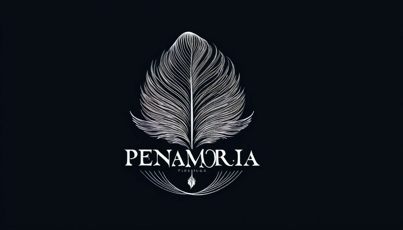 Create a modern, minimalistic logo design for a brand about music and dreams called " Penamemoria" . The logo must be in minimalistic style and convey a sense of storytelling, music and dreams. The logo of a special, unique, memorable, captivating feather. Half of the feather is the face of a boy guitarrist, and the other half is a feather of memories