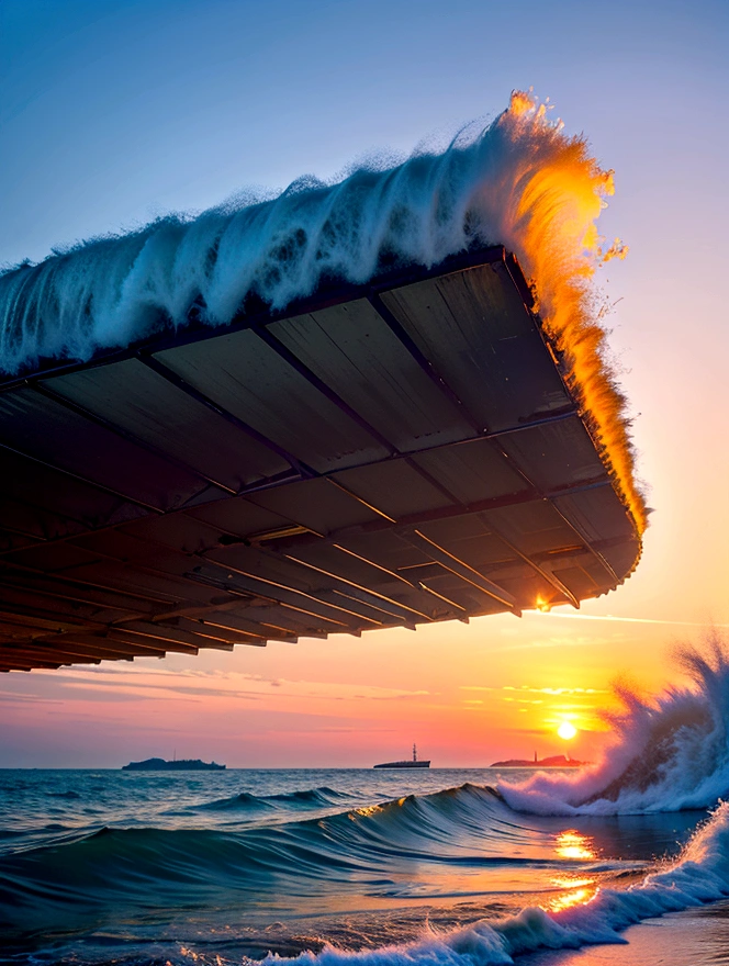 Bridge across the sea, big， Wave， Sea Beach， Daylight Saving Time， sunset, Hyper HD, masterpiece, Anatomically correct, Attention to detail, High resolution, Highest quality, Super detailed, 8K