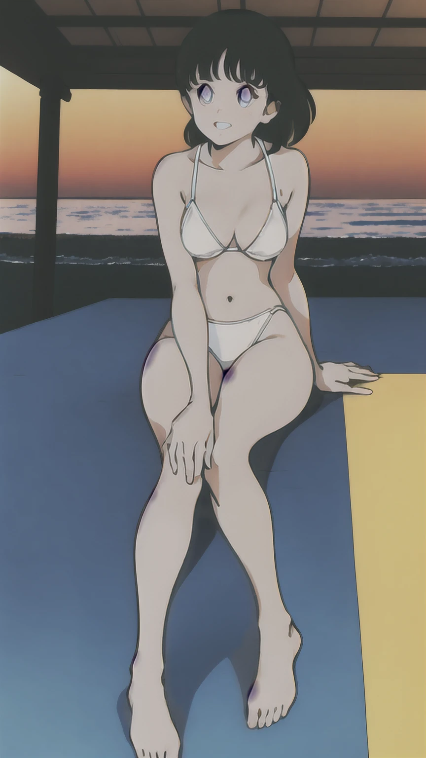 (((character:asakura minami:1.3))),((masterpiece)),((highest quality)),Super detailed,(thin entire outline),enlightenment,explicit,1girl,solo,black hair,medium hair,black eyes,small nose,perfect body,beautiful body,beautiful character design,perfect eyes,perfect face,((happy smile)),small open mouth,(enjoy,having fun:1.2),entp,perspiration,wallpaper,ultra high resolution,8k,photo shoot,(beautiful large breast:1.2),beautiful legs,perfect feet,beautiful skin,fair skin,smooth skin,official style,official art,make a screen cap,outdoor,(summer beach),sunshine,bright lighting,(white micro bikinis),split legs,peace sign,