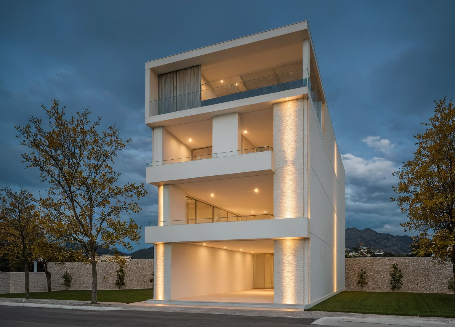 Masterpiece, high quality, best quality, authentic, super detail, outdoors, onestoreyvillaXL, aiaigroup, luxury neoclassic house style, on the street ,glass, stairs, white wall ,road,pavement, grass, trees, sky, cloud, (moutain background) (night light:1.1)
