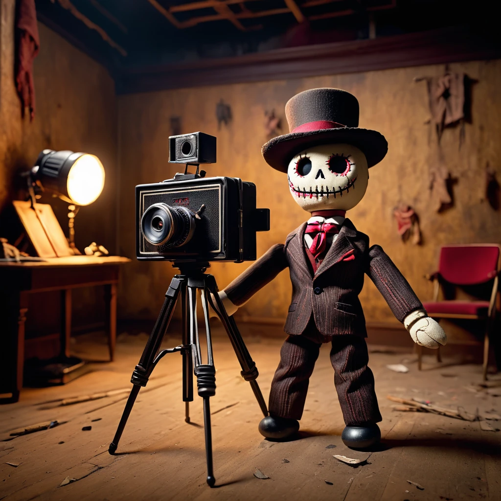 (knitted toy voodoo doll:1.7), (Voodoo Ghost Film Director:1.3), (clothes Old-fashioned suit, hat, camera on tripod:1.0), (background Abandoned cinema, torn screens, shadows on the walls:1.3),  best quality, masterpiece, detailed soft oil painting, detailed background, dramatic cinematic lighting, soft edge lighting, professional, dramatic lighting, hard edge lighting, ultra quality, 4k,masterpiece, best quality, 8k, ultra highres, highres, extremely detailed